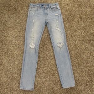 American‎ Eagle Jeans Men's 32x36 Light Wash Skinny Airflex Distressed Denim